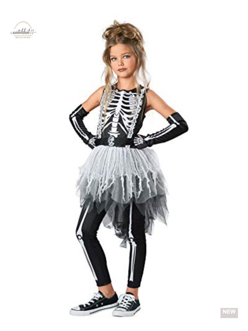 Girls Ghostly Skeleton Halloween Costume Dress Gloves Leggings Belt